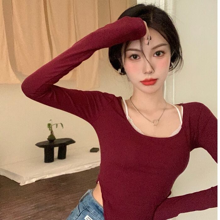 スリムシャツ レディーススプリングソリッド カラーレッドショートトップス スタイルTシャツ ロング 春物 ソリッドカラー ドラファッションホール65022392164