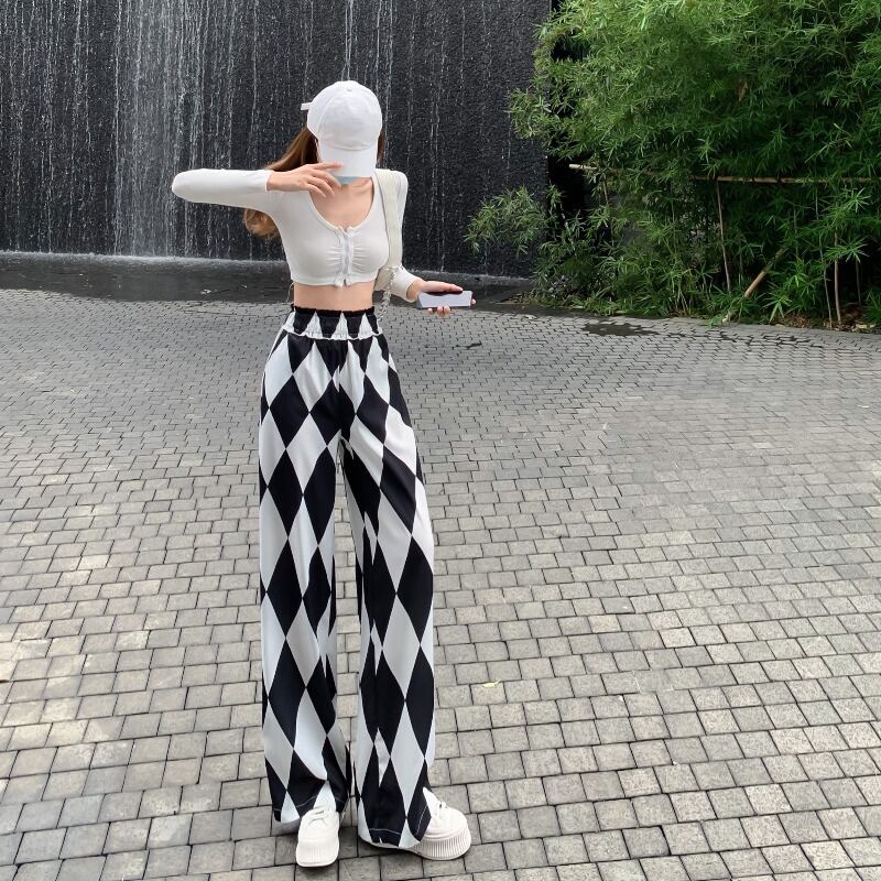 ブラックホワイト格子柄パンツ レディースルーズハイウェストウェストワイドレッグサマーカジュアル薄手 夏物 ワイドパンツ シルク ブラックストロベリース19697011482