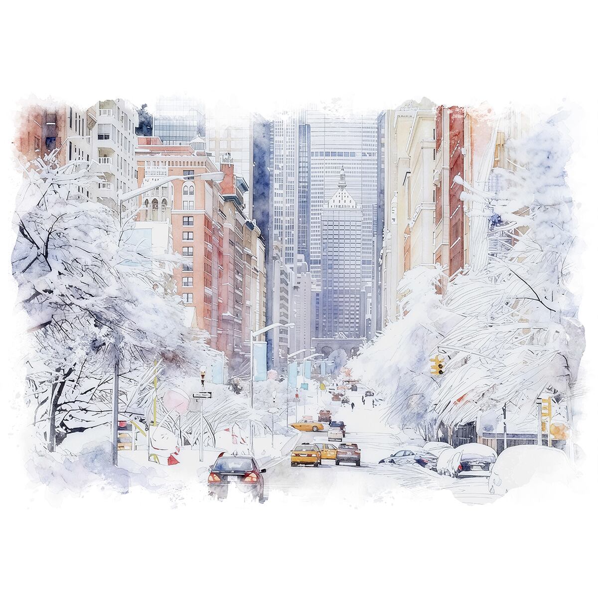 絵画 風景画(街並み) 冬 アメリカ ニューヨーク インテリアアート額付き 水彩画・油絵風 WAT0990