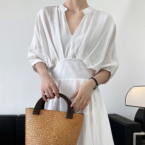 ウエストスリミングVネックシャツワンピース K0143