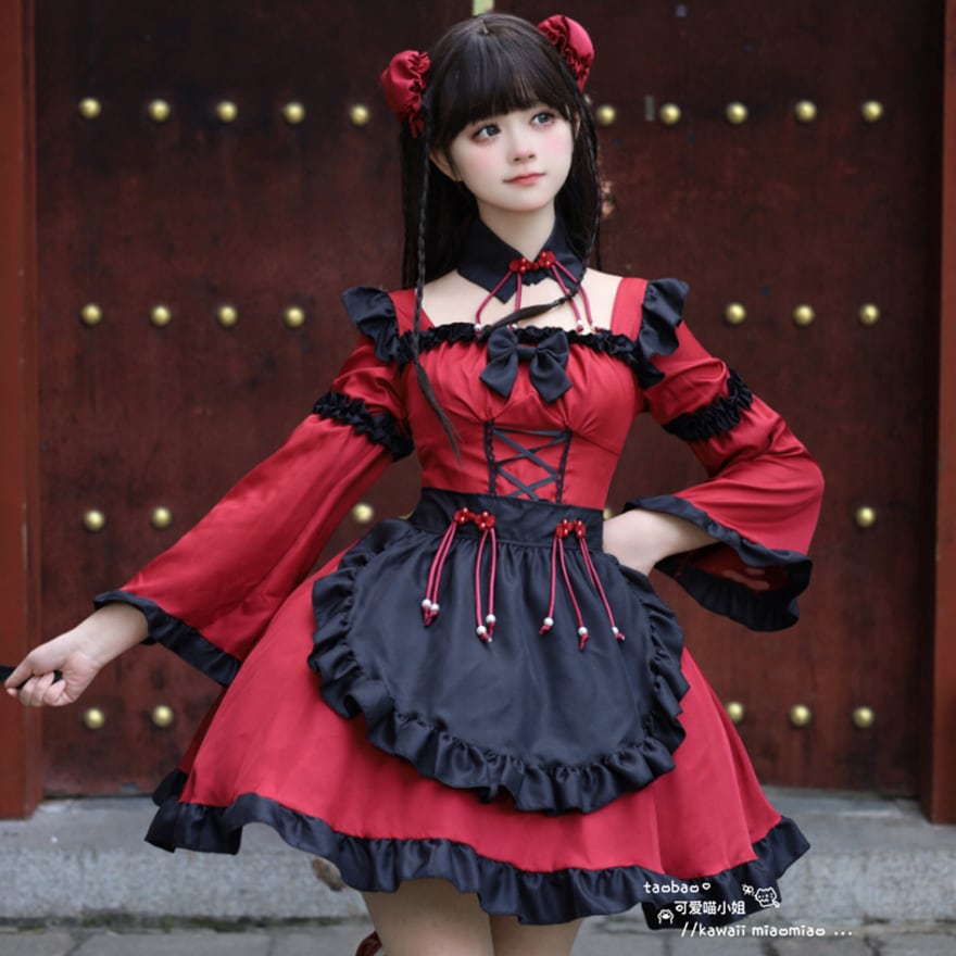 中華ロリータ スクエアネックメイドワンピース エプロン付き｜WithU