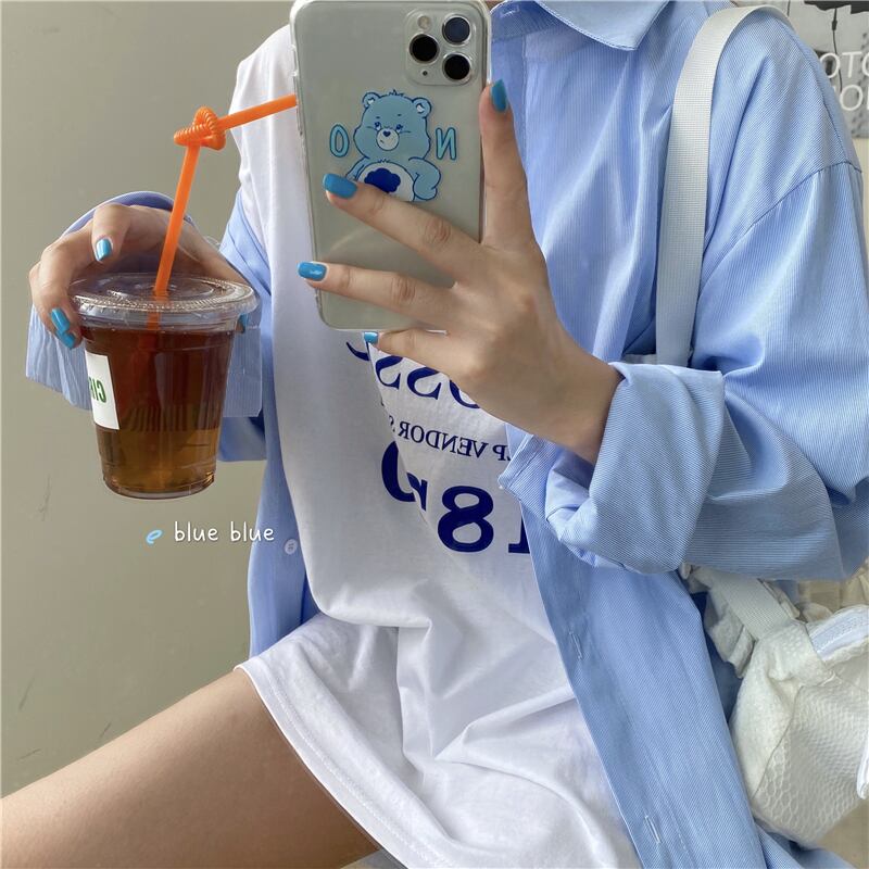 ルーズブルーシャツ ジャケット スプリングブラウス ロング 春物 ブラックストロベリース87740715552