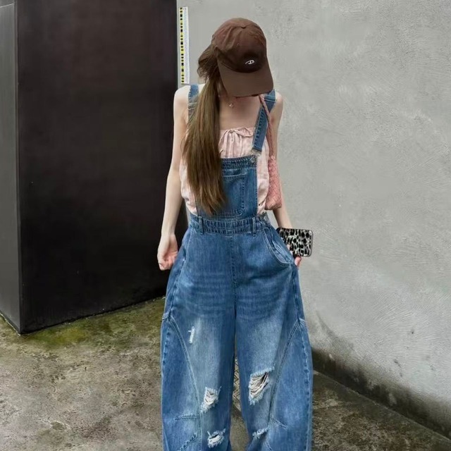 クラッシュポケットワイドラインデニムサロペット 1col R02555