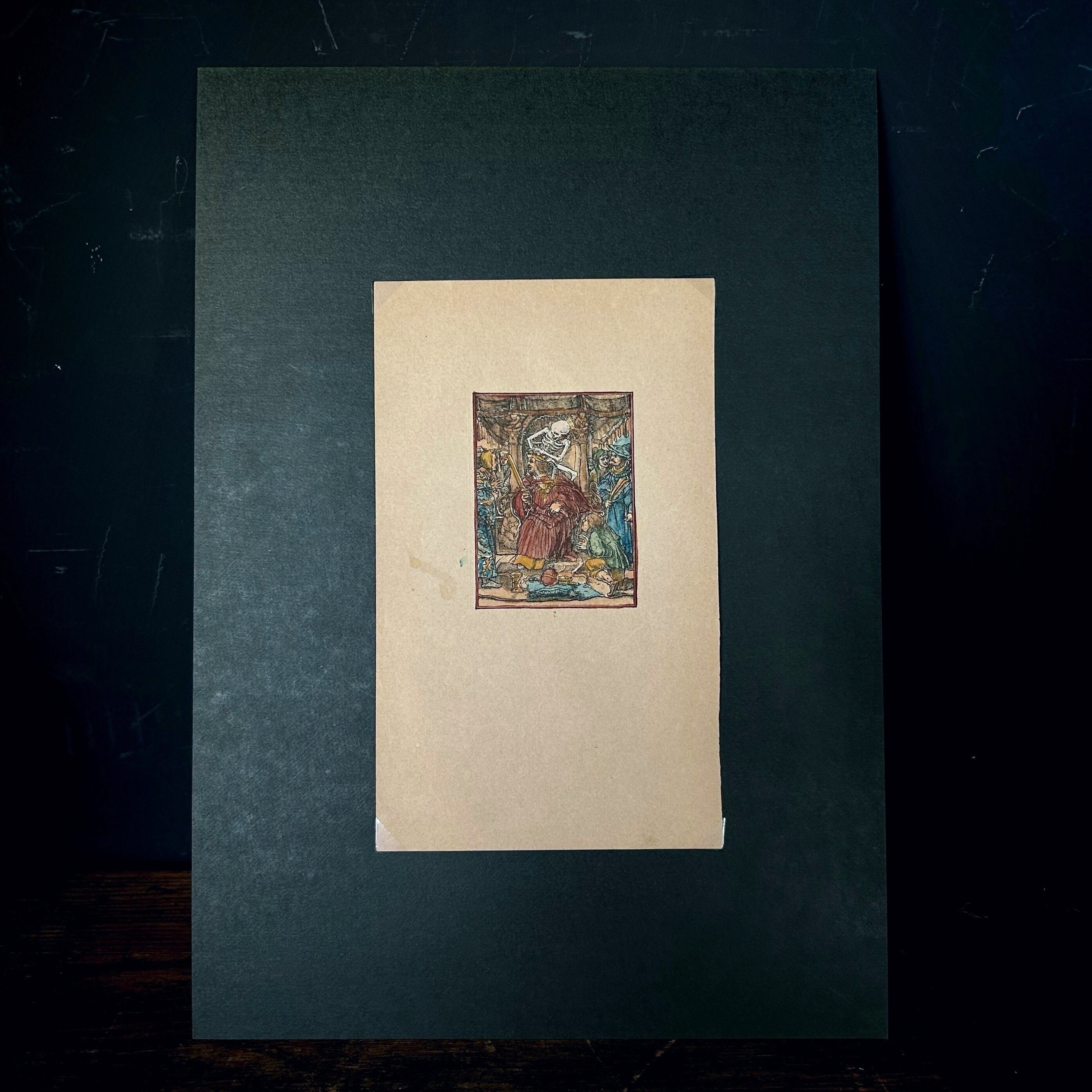骨董品　絵画　1点物　1892年　ポーランド画家　メホッフェル 手彩色木版画「死の舞踏 皇帝」 | メルキュール骨董店