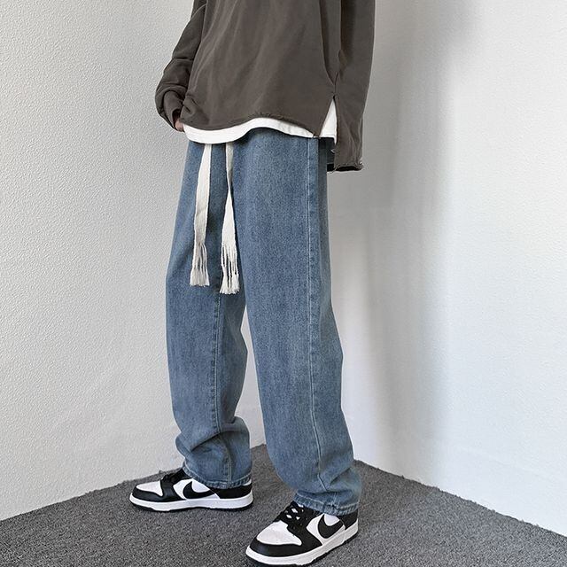 【予約販売】デニム ボトムス メンズ ウエスト紐 ストレート ジーパン ブラック ブルー カジュアル こなれ感 お洒落 韓国 トレンド 秋 冬 M/L/XL/2XL