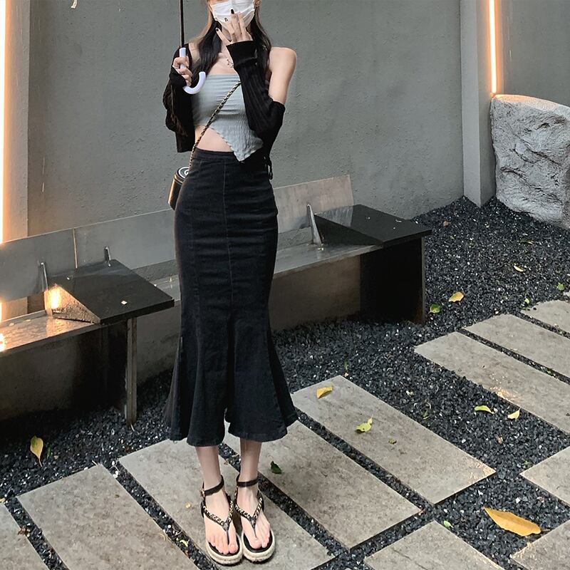 スカート ブラックハイウェストウェストサマー薄手 夏物 ブラックストロベリース43817886930