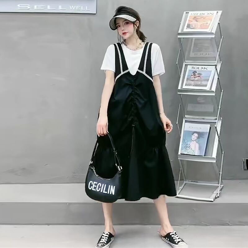 カジュアルTシャツ Vネックホワイトサイドギャザールーズドレス ミックスインファッション2612075617