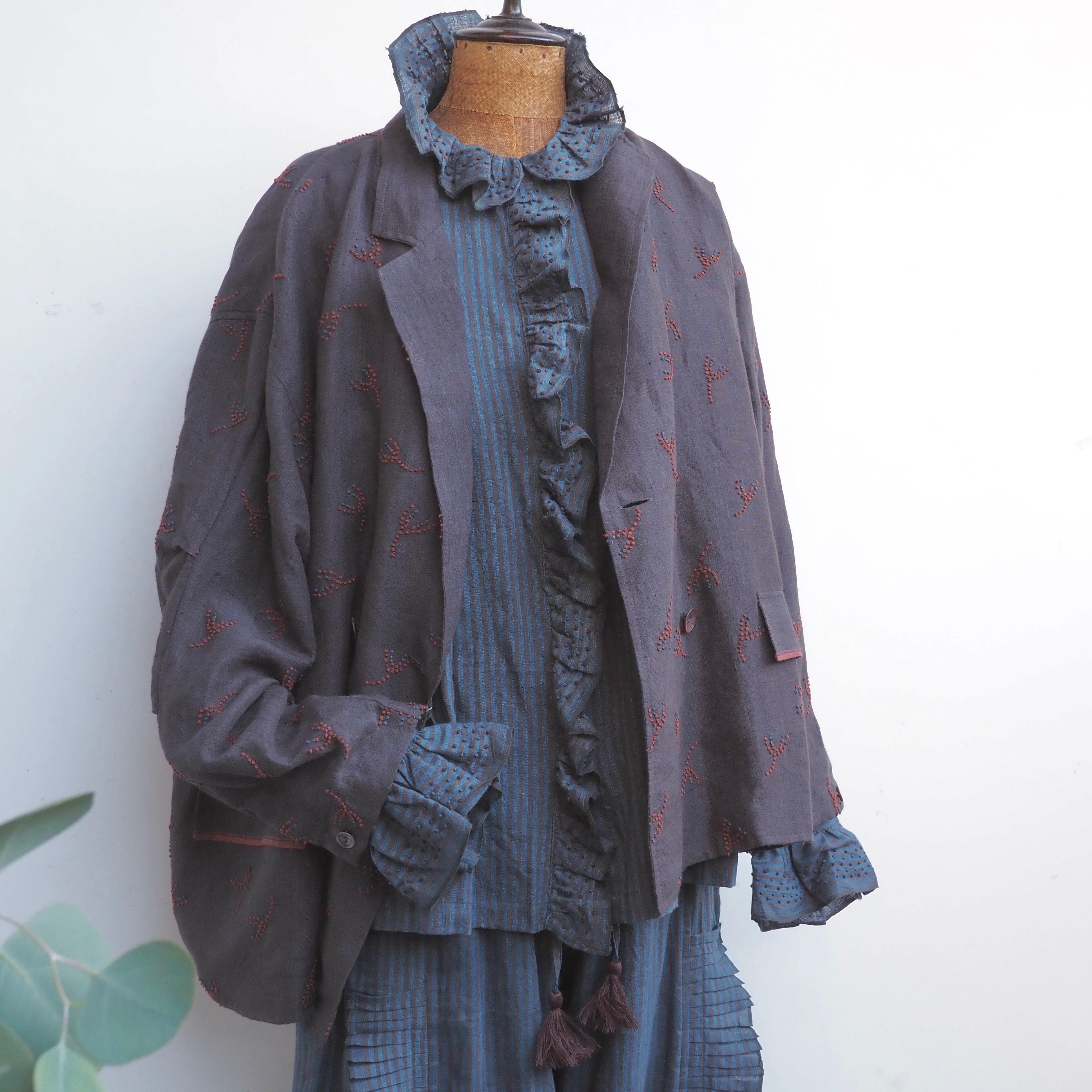 BUNON/Embroidery Frill Blouse /ブラウス(Brown×Blue strip)