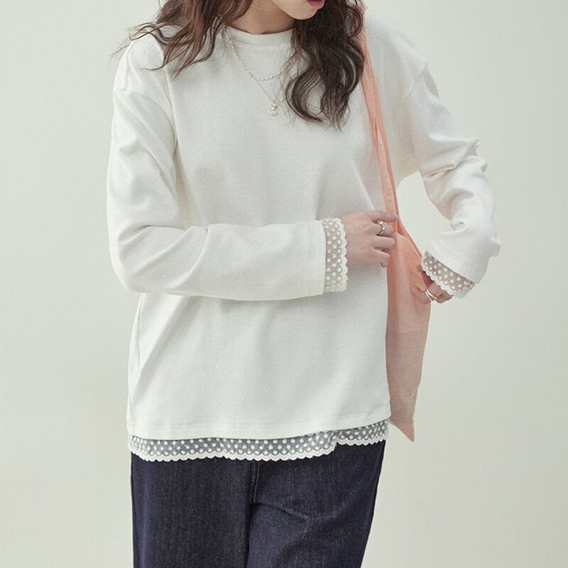 ドット柄レースカットソー M1301