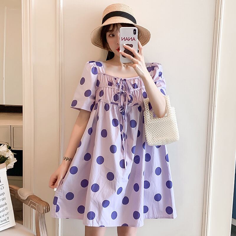 【新作】【送料無料】 マタニティウェア2020夏の新しい年齢を減らす綿とリネンの水玉模様の両面ドレス、流行の母親の中型マタニティドレス-アリババ コットン サマー 夏物 expec285346998187