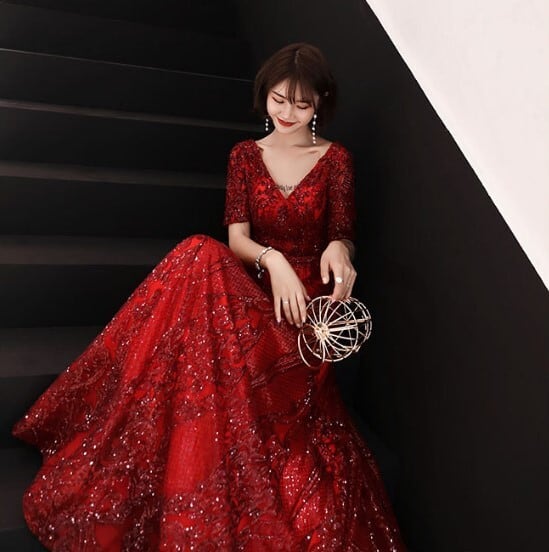 美品】ワインレッドロングドレス