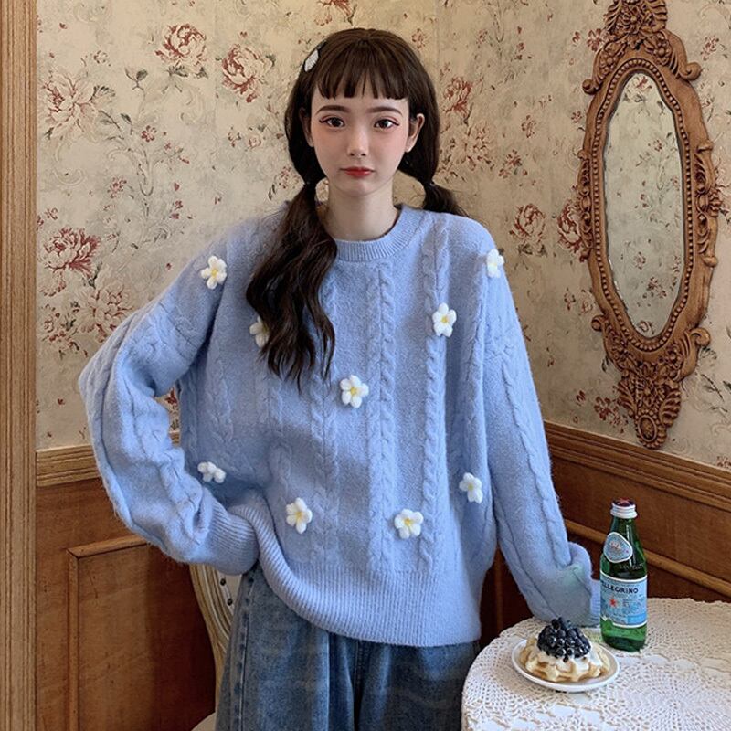 ルーズプルオーバー セーター レディーススプリングスタンダードニットトップス レトロ 春物 フラワーデザイン 萌量不足56188846061