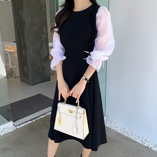 膝丈ワンピース レディース ワンピース ラウンドネック ハイウエスト ウエストベルト ボリューム袖 シンプル 無地 シースルー プルオーバー 異素材ミックス 重ね着風 ブラック ベージュ ワンピース