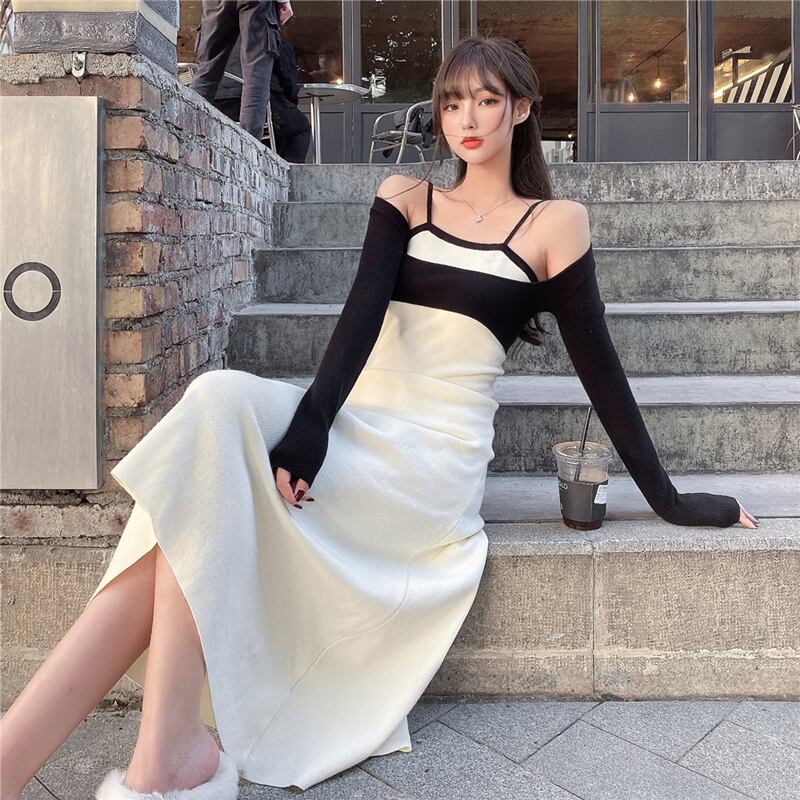 スタンダードニットドレス ハイウェストウェストサマースカート レトロ 夏物 ブラックストロベリース30155753712