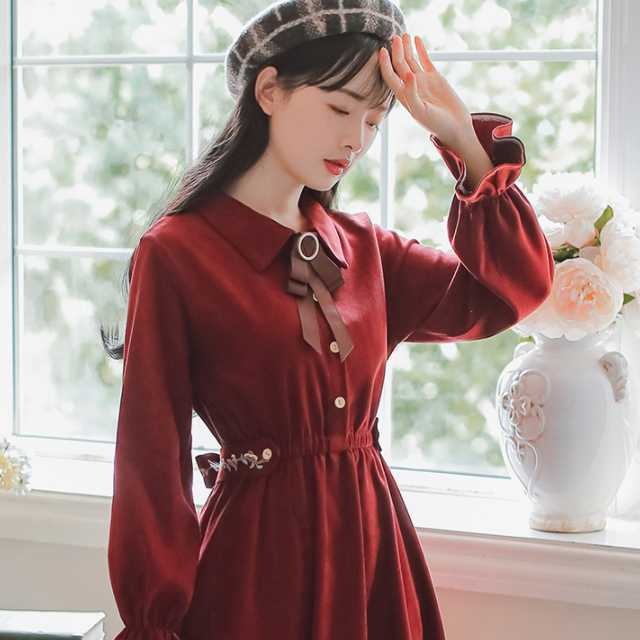 全4色 ワンピース レトロワンピース クラシカルワンピ レディース 秋冬ワンピース ワンピ ウエストリボン 刺繍 可愛い 無地 オシャレ ワンピース クラシカル ミディ丈 長袖 カワイイ 通勤 通学 夢かわ セットアップやパンツドレスなど二次会ドレスに合う海外