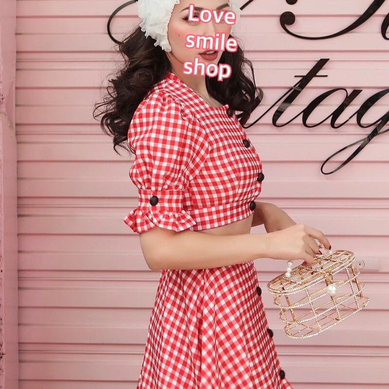 POPPY 赤ギンガムチェック トップス POPPY GINGHAM ORGANZA SHIRRED