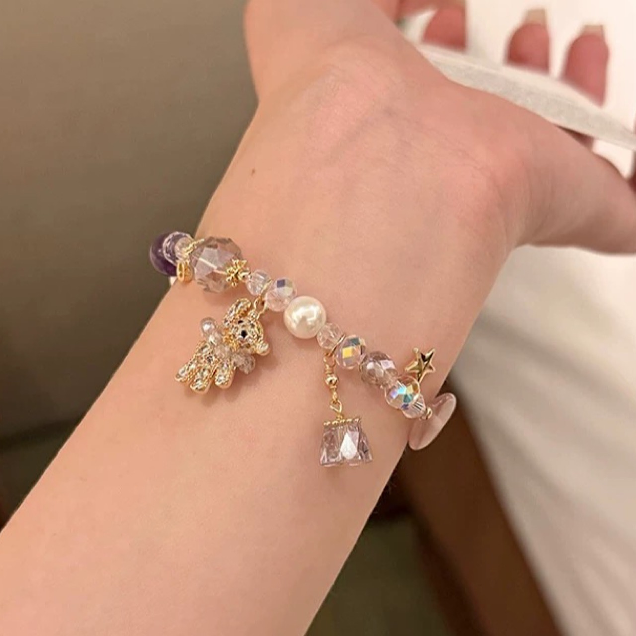 ハンドメイド キラきゅんテディ＆ハート チャーム ゆめかわ ブレスレット - 2