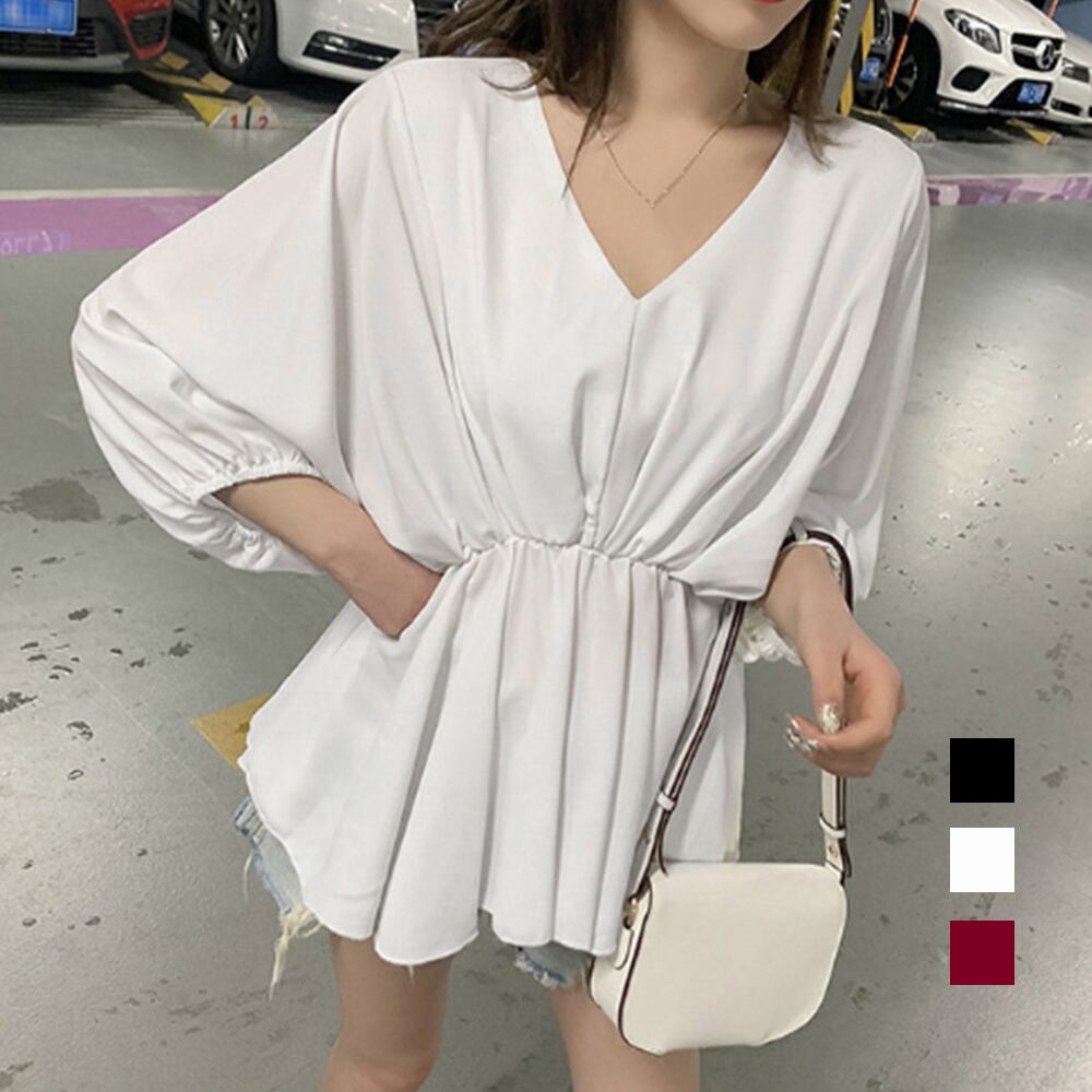 Vネックブラウス着やせパフスリーブ 無地