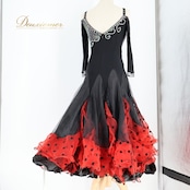 社交ダンス 衣装 ワンピース ドレス 水玉 ドット 赤 黒 フリル レース パーティ 発表会 ブラック系 レッド系 ふんわり スカート ロングドレス ジャズダンス ダンスパーティ 発表会用 ファッション フォーマル レディース おしゃれ かわいい フェミニン 上品