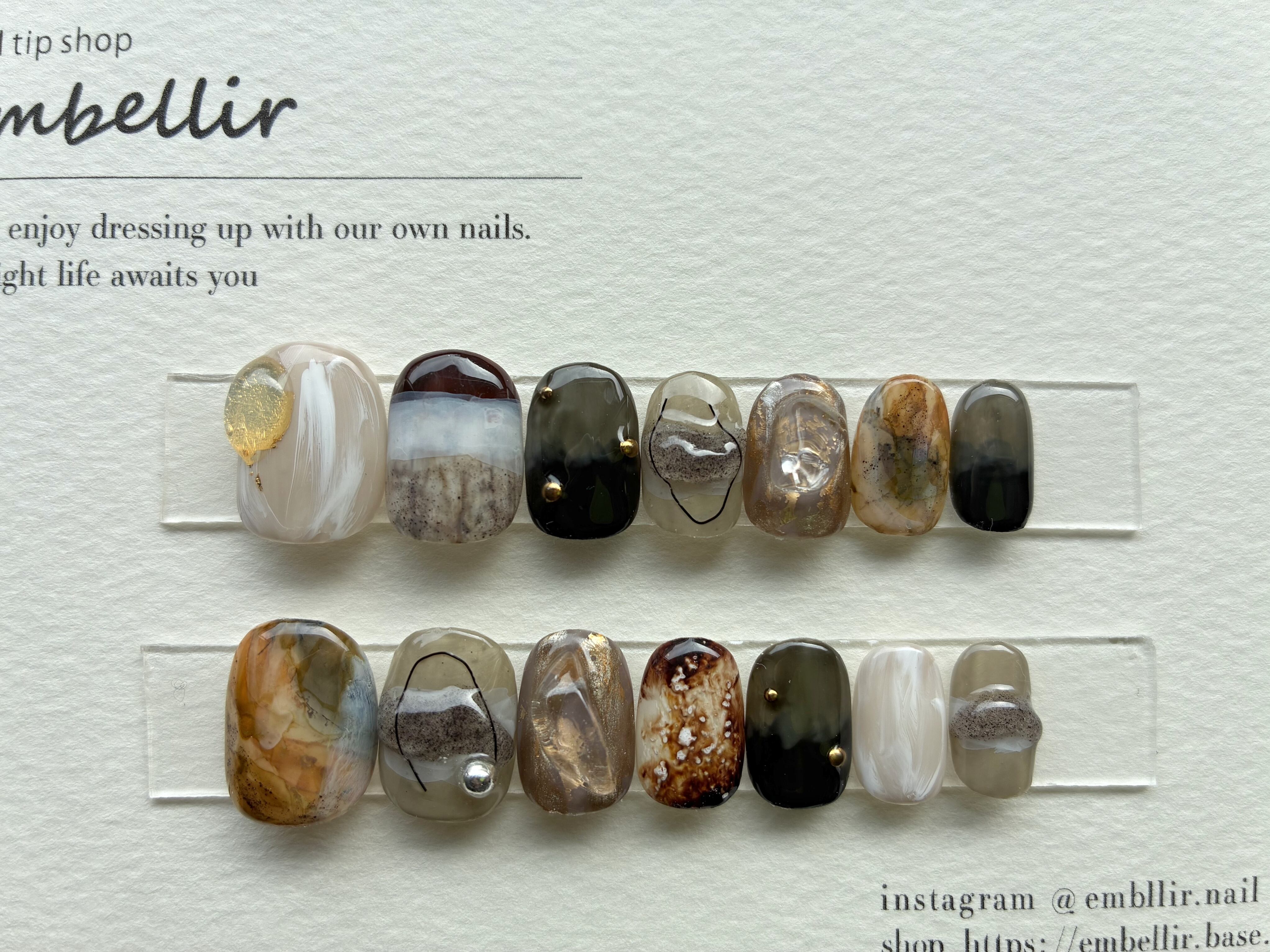 サイズ固定14本セット ヒマラヤ水晶×ブラックワイヤーシアーアースネイルチップ