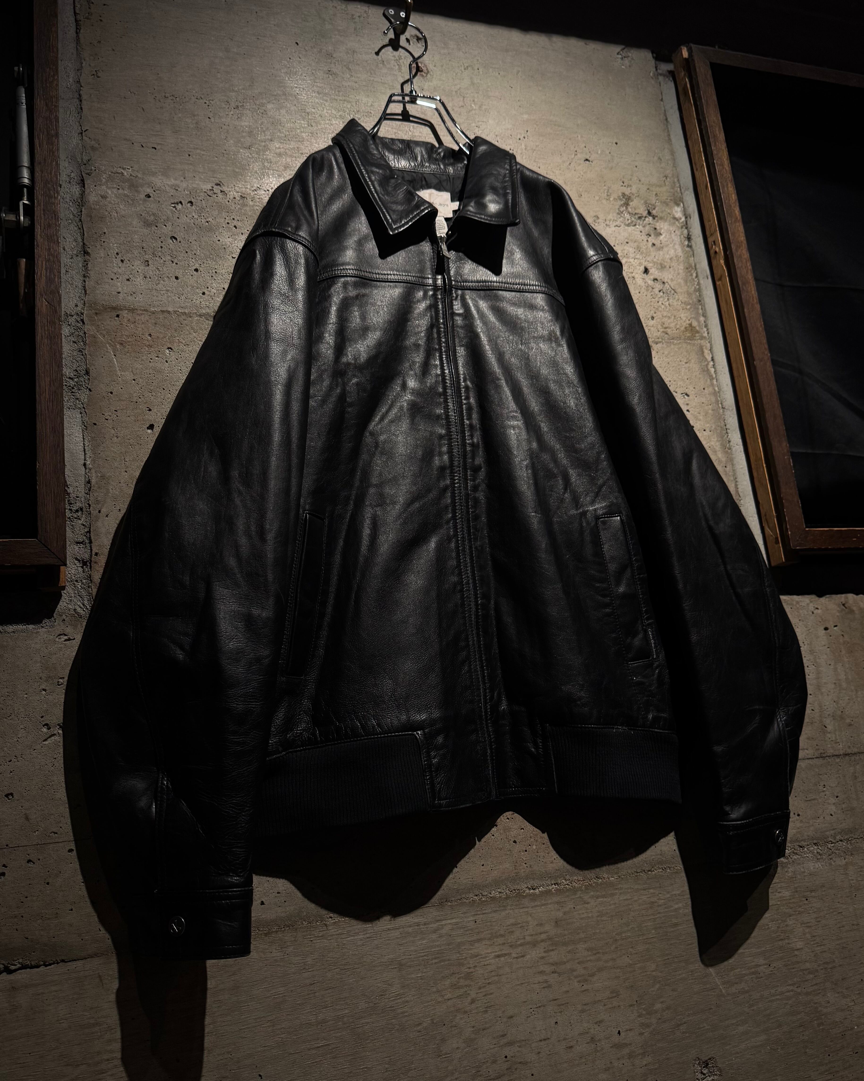 Caka】90's “Calvin Klein Jeans” Black Leather Zip-Up Jacket | Caka