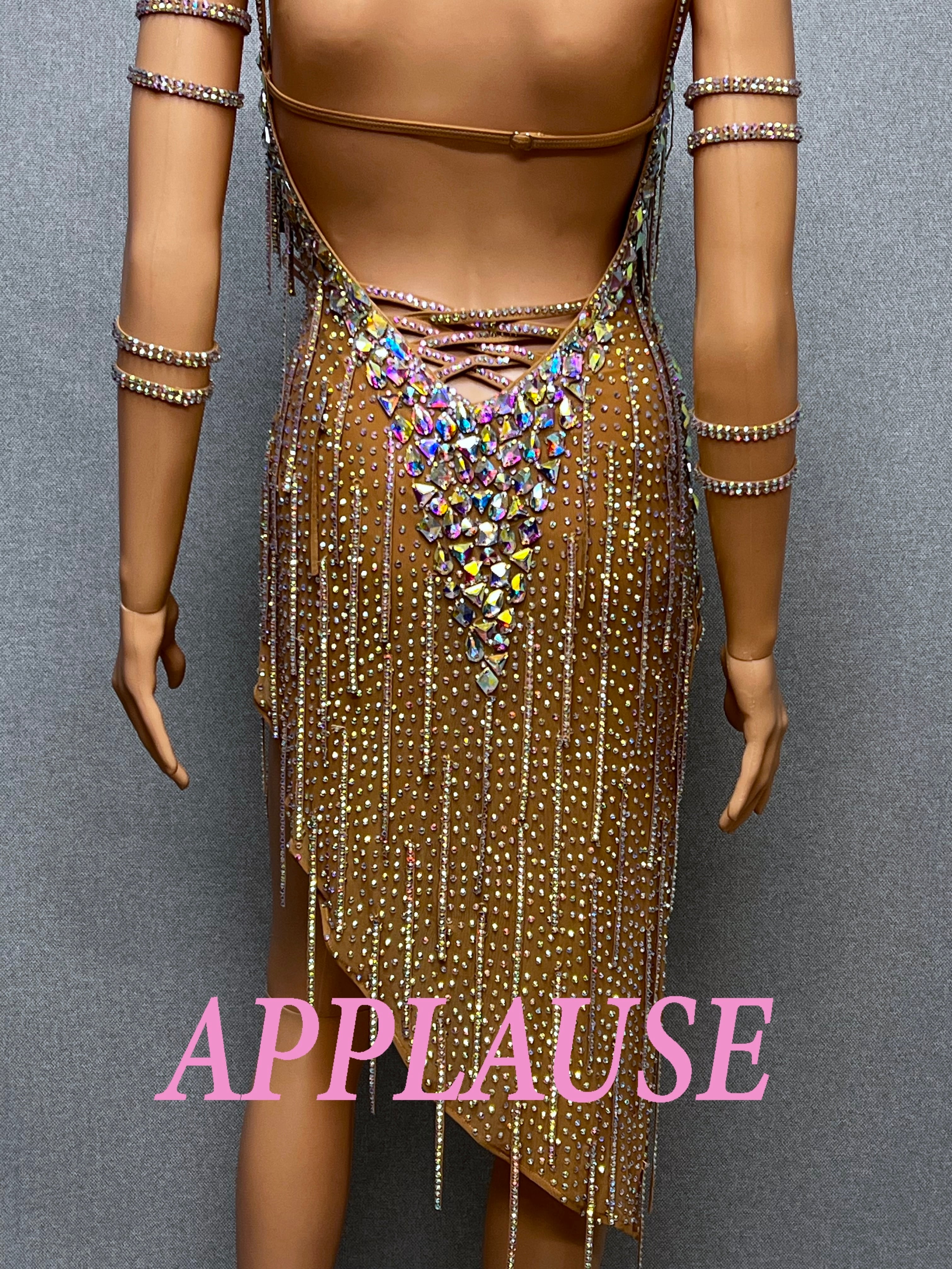 【新着】社交ダンスドレス　ラテンドレス　LA-25-4　 ダークベージュ　M　デモ・競技用ドレス　発表会衣装　パーティドレス　ワンピース　舞台衣装