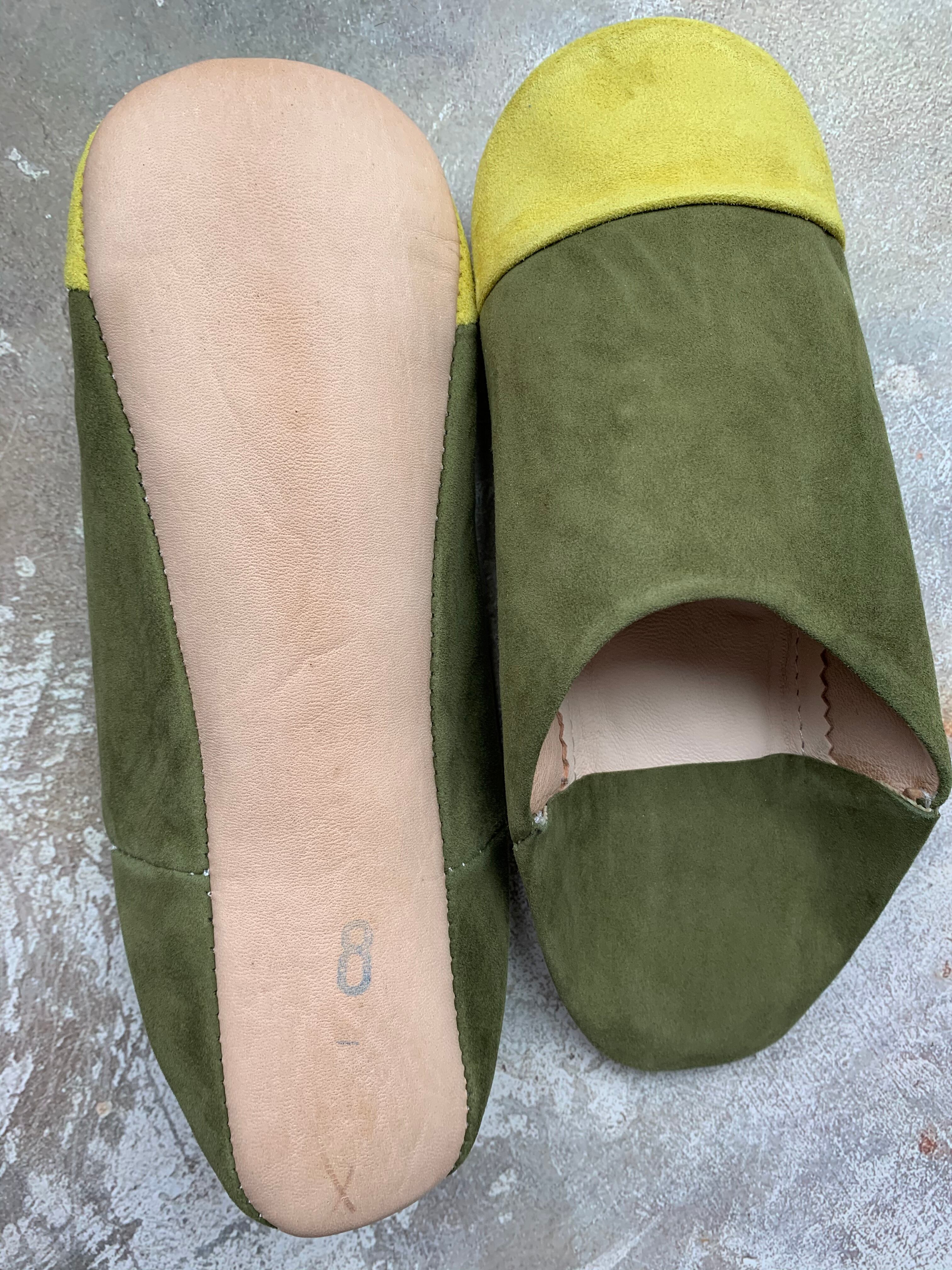 モロッコスエードバイカラーバブーシュ(カーキ)