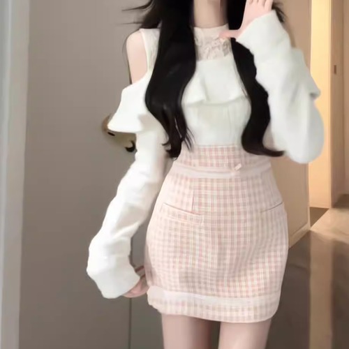 フェイクレイヤードオープンショルダーミニワンピ ・74072