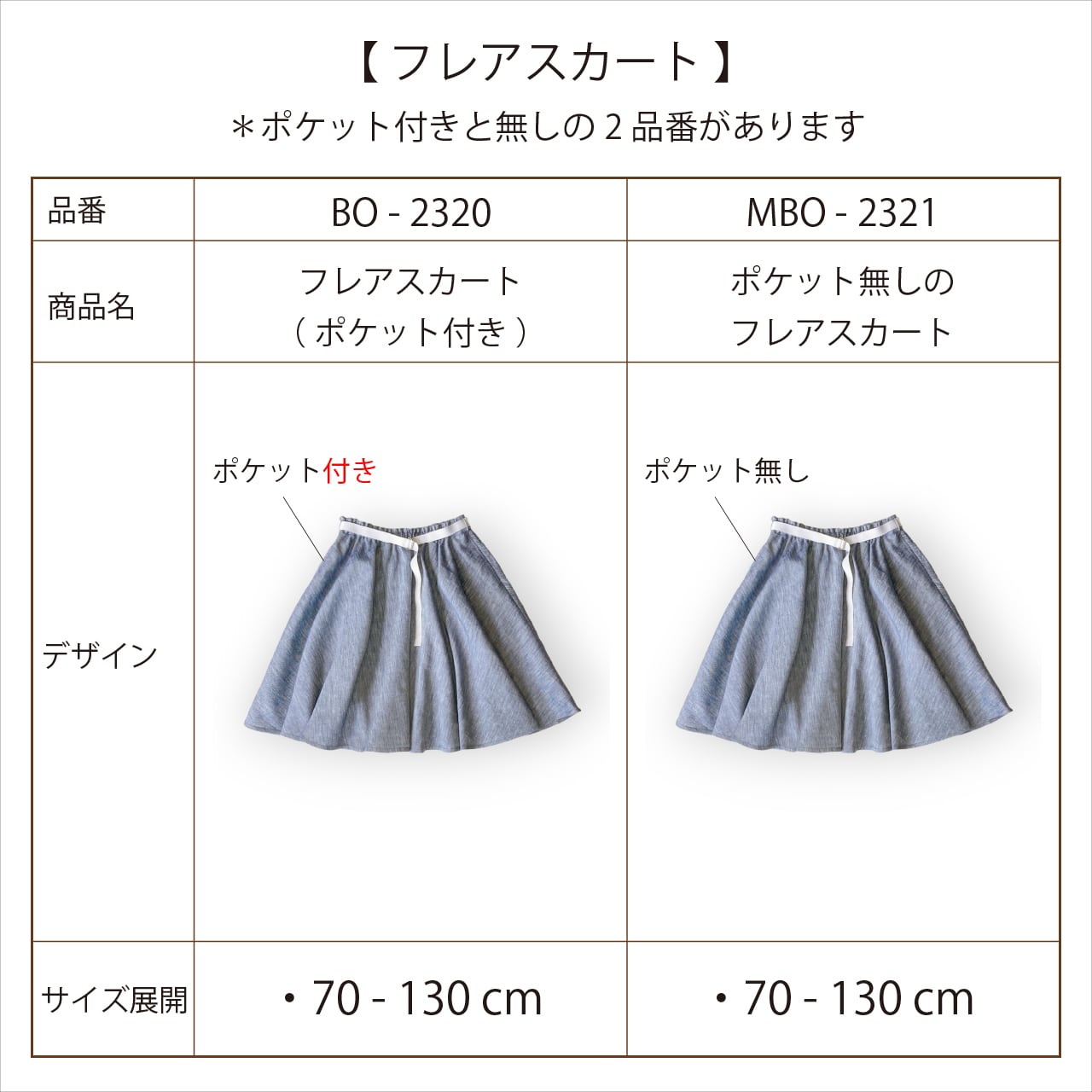 ポケット無しのフレアスカート：（型紙＆作り方のセット）MBO-2321