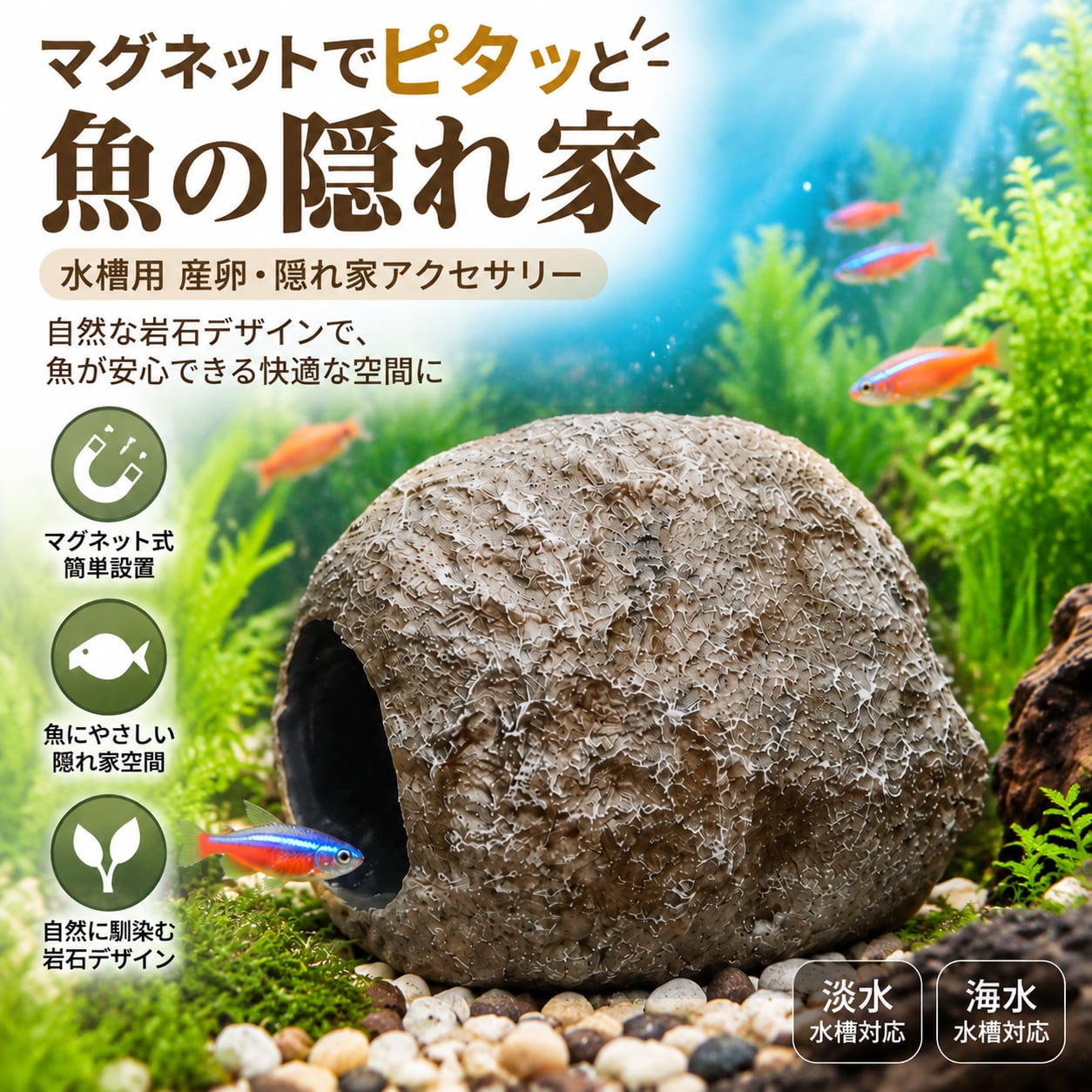 B103.水槽用 マグネット式魚の隠れ家・産卵シェルター 岩石デザイン