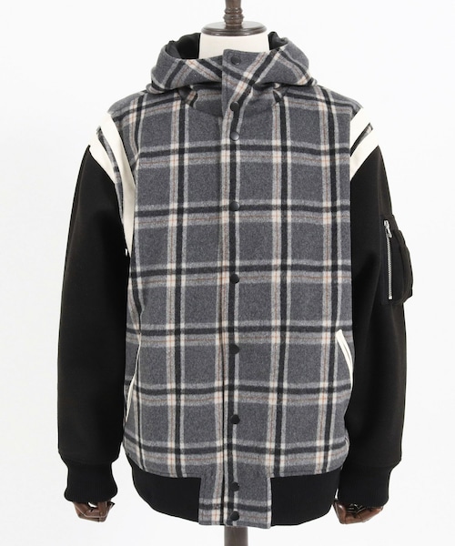 Plaid Pattern Hooded Varsity Jacket　Black