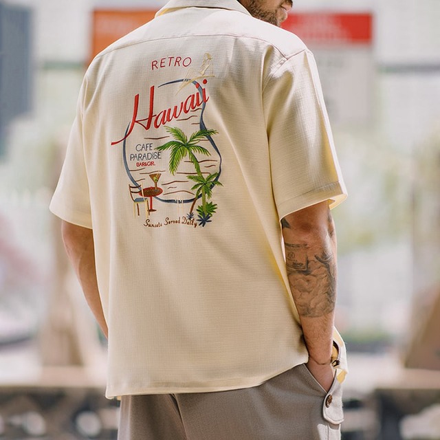 Retro hawaiian back print embroidered short sleeve shirt 00226
