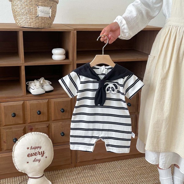 【BABY】パンダモチーフストライプセーラー半袖ロンパース - 4
