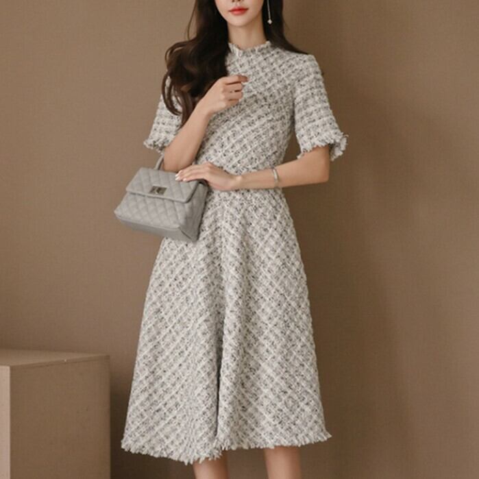 ツイード ハイウエスト Aライン ワンピース キレイめ オフィス レディー お呼ばれ 秋 冬 ファッション Sheratan アラサーol 通勤 女子会ファッション専門店