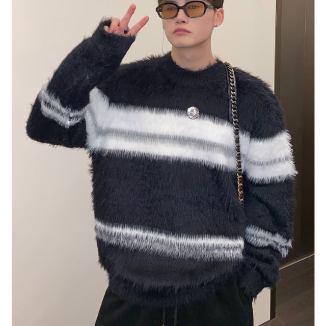 【予約販売】ニット セーター グレー/ブラック ボーダー柄 ラウンドネック モヘア シック メンズ シンプル こなれ感 ベーシック お洒落 韓国 トレンド 秋冬 M/L/XL