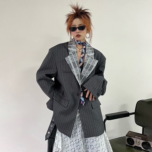 【CRAZY STUDIOシリーズ】★ブレザー★ アウター 切り替え 男女兼用 メンズ カジュアル グレー 灰色チェック柄 ドット柄