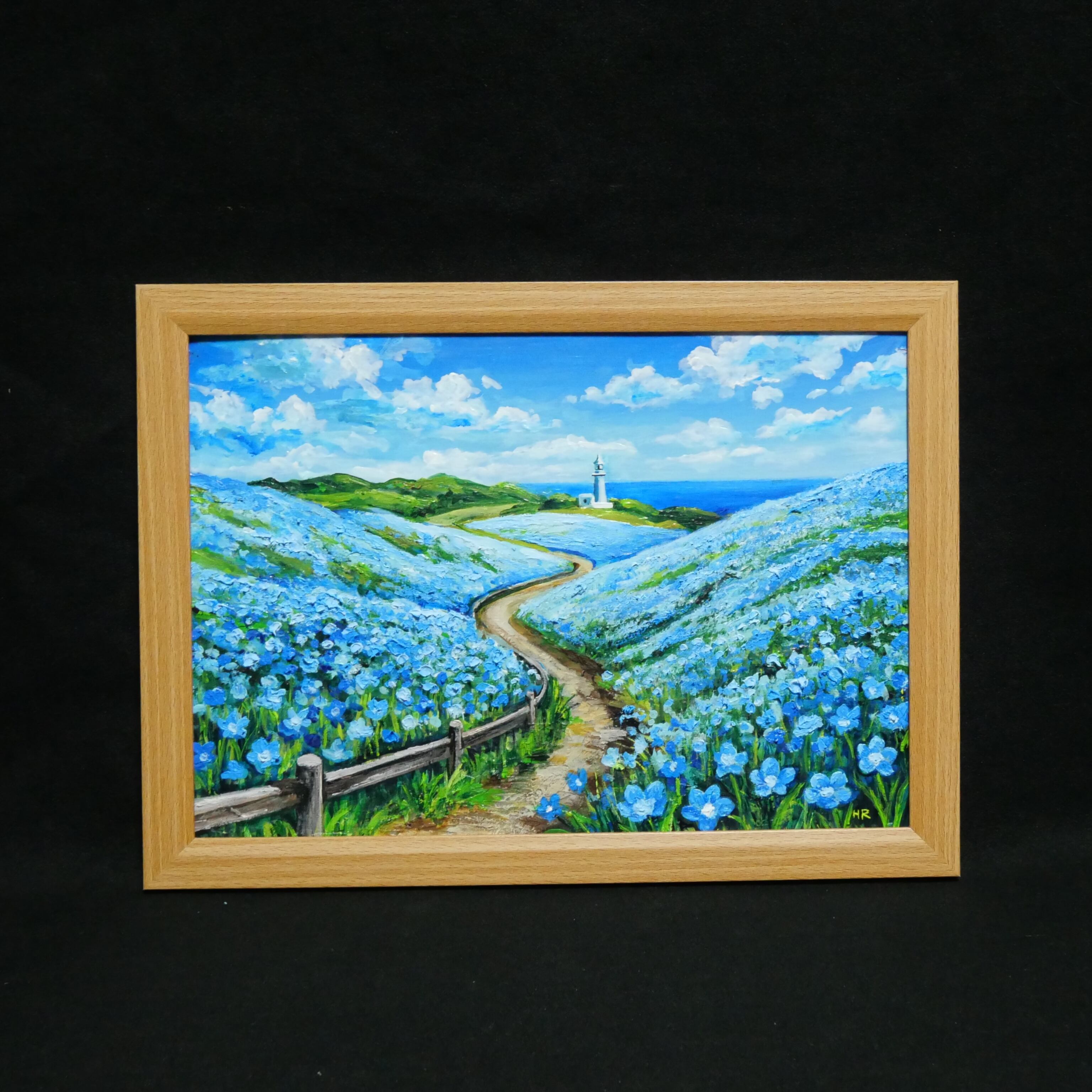 油絵 絵画 原画【奇跡の青に染まる岬】海 風景画 ネモフィラ 灯台 春