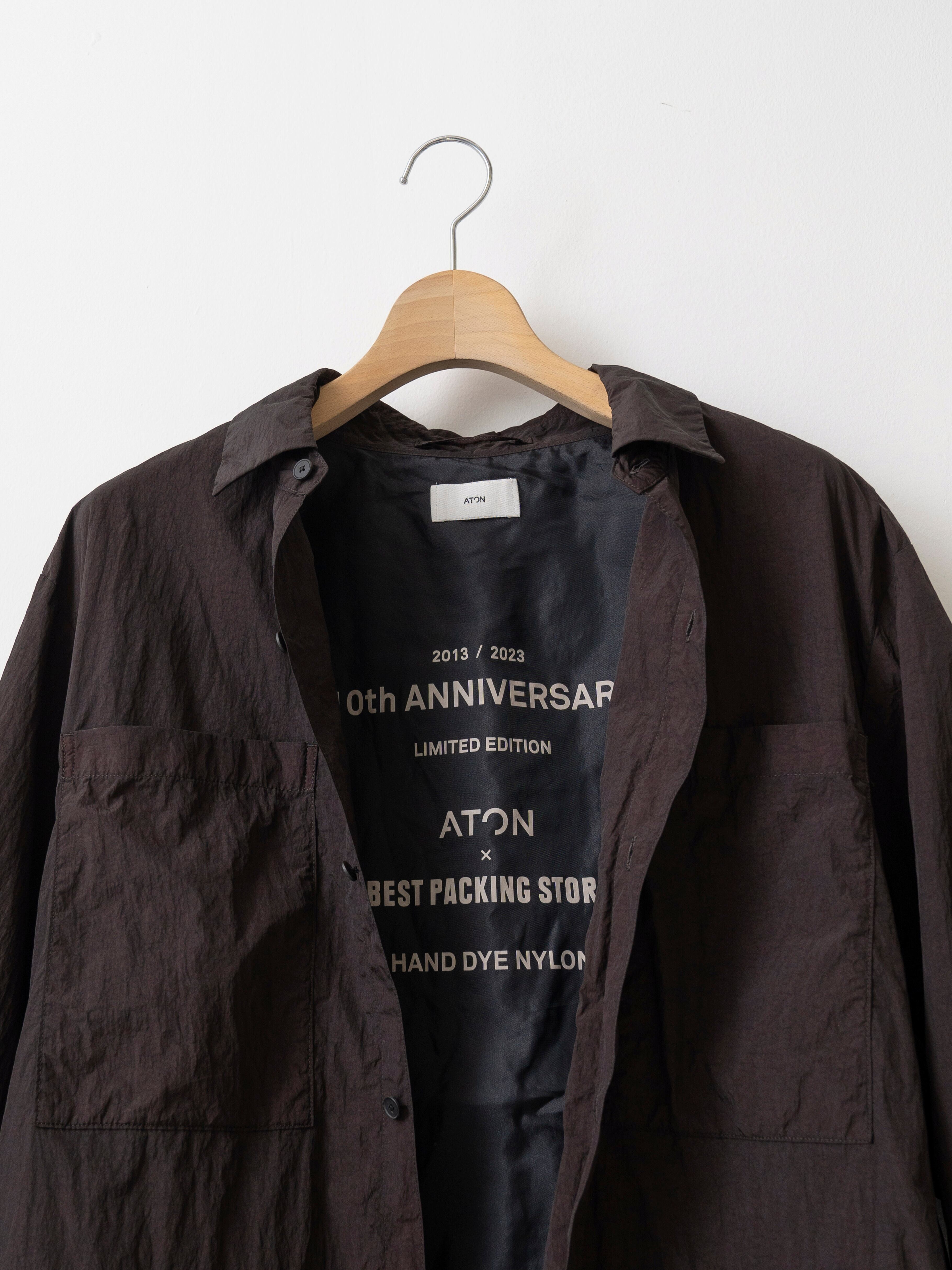 ATON 10th ANNIVERSARY HAND DYE NYLON POCKET SHIRT JACKET BROWN 