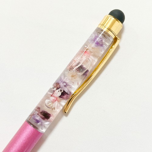 【タッチペン・替え芯付き】ハーバリウムボールペン  ピンク　紫　ハーバリウムペン