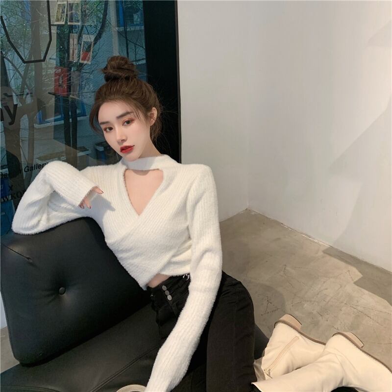 オータムウィンターVネックスリムクロスセーター シャツ ロング 秋物 冬物 ドラファッションホール91066716906