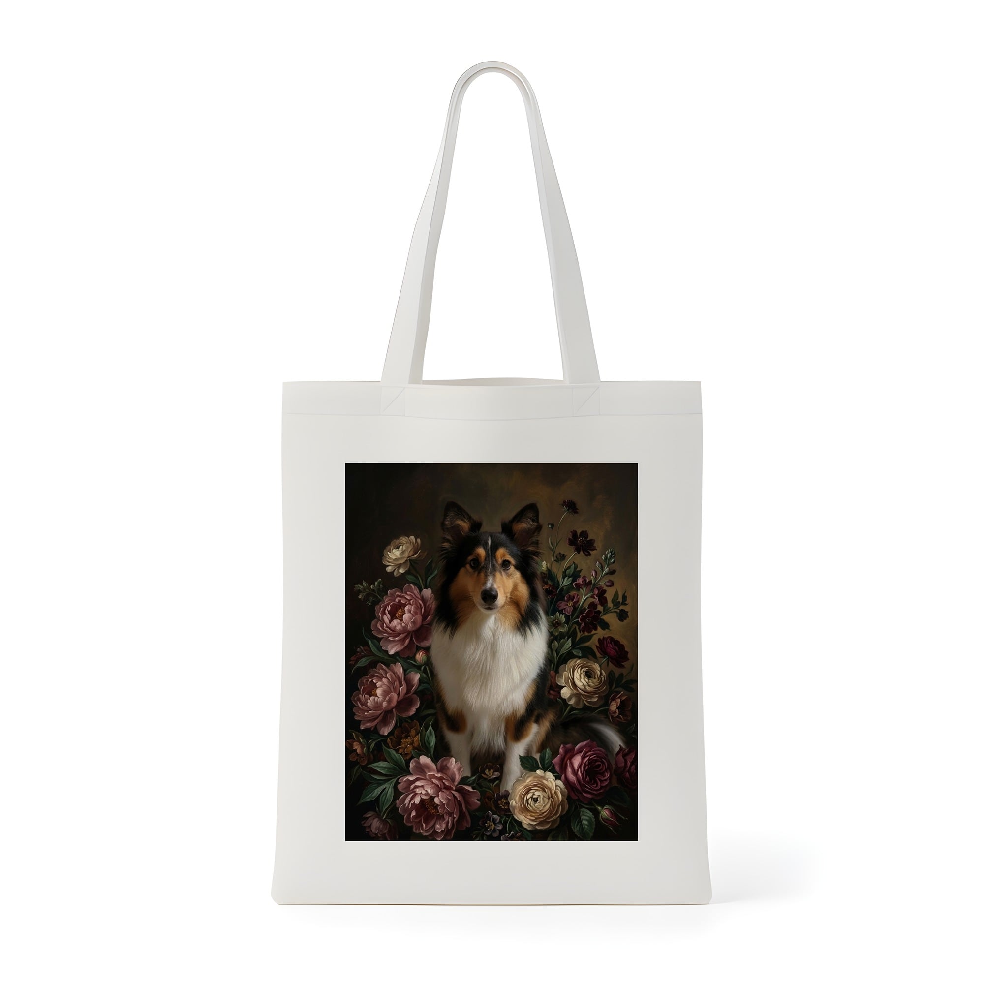 犬（シェットランドシープドッグ）トートバッグ 花の油絵風アート