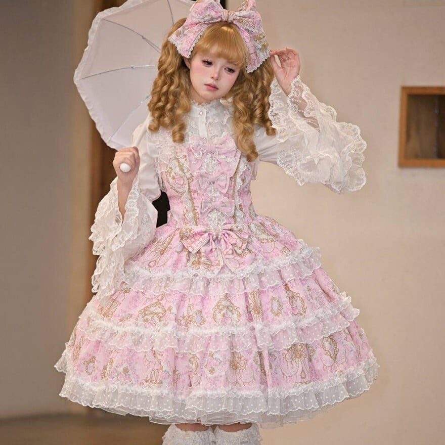 甘ロリ 花柄 JSK ピンク×パープル 多層フリル レース 姫系 ロリータ