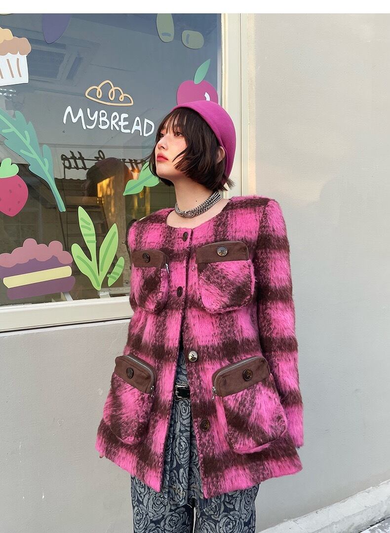 コート チェック 茶色 ピンク 可愛い 原宿 渋谷 JK カジュアル