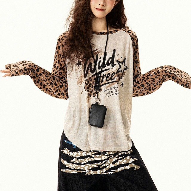 レオパードスリーブグラフィックロングスリーブTシャツ 1col   R02557