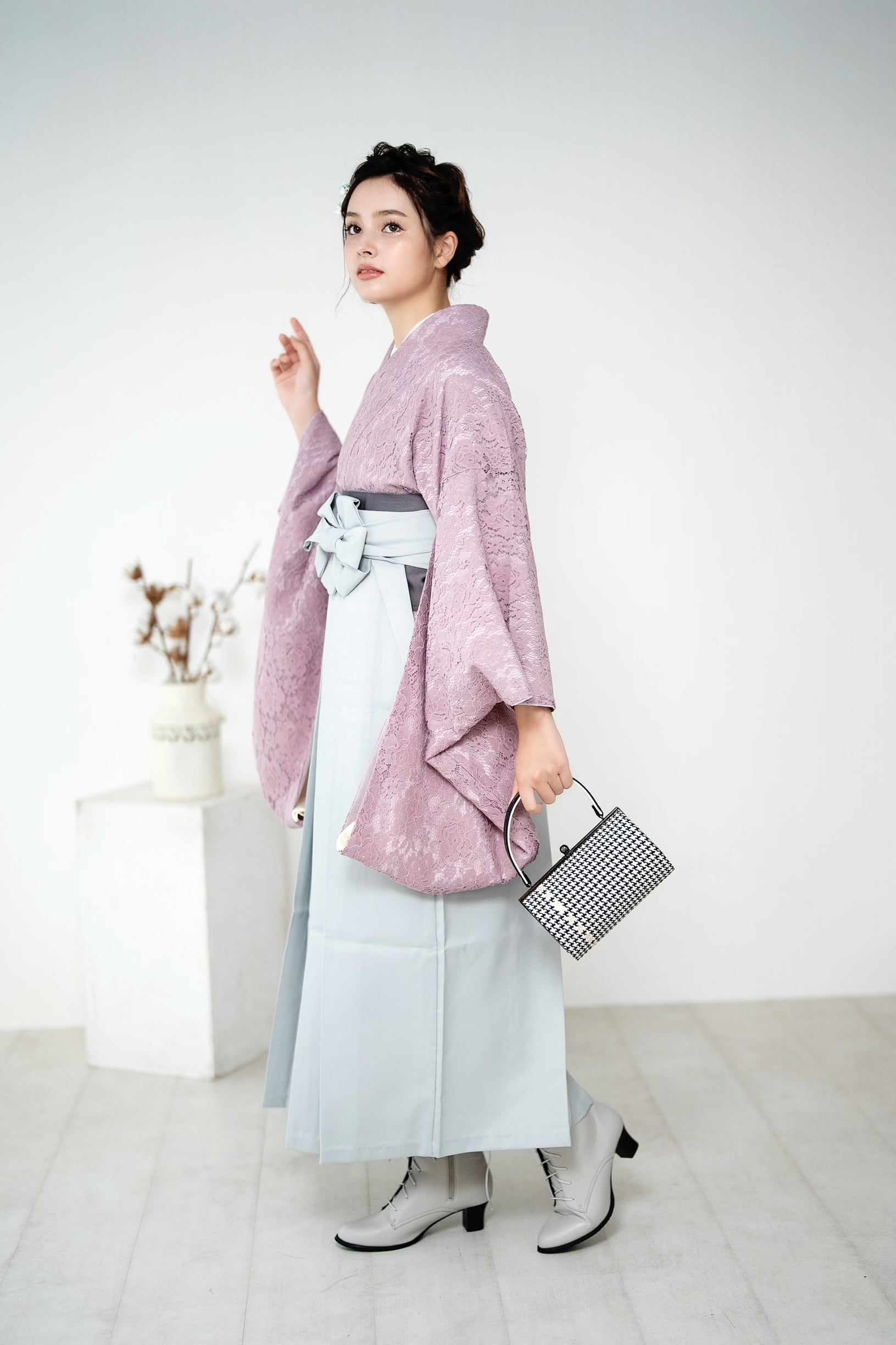 Kimono Sienne 卒業式袴3点セット レース二尺袖 くすみピンクレース