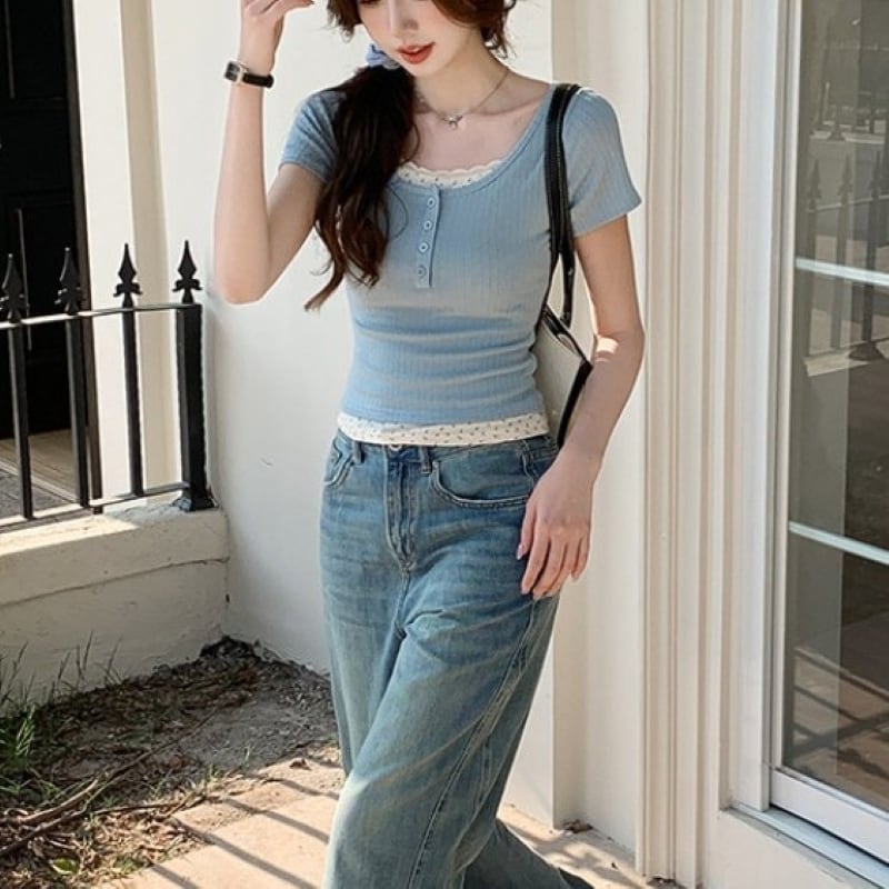 トップス Tシャツ レディース ヘンリーネック レイヤード風 半袖