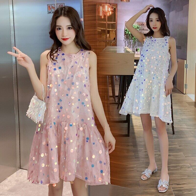 【新作】【送料無料】 2019夏ノースリーブマタニティフェアリードレスウエストスウィートスパークリングスパンコール妊婦ドレスエンパイアサンドレス 大人ガーリー キュート カジュアル サマー 夏物 AL expec369444138272