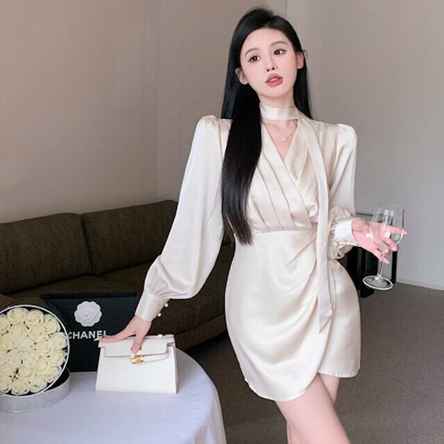 ワンピース レディース オケージョンワンピ ボリュームスリーブ サテン リボン ミニ丈 カシュクール 卒業式 入学式 謝恩会 パーティ アプリコット/ブラック S/M/L/XL