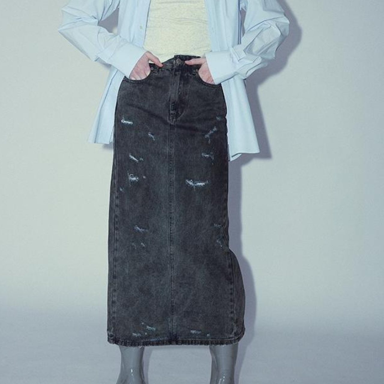 Damaged Crash Denim Long Skirt T6120