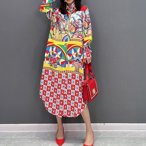 PRINT A-LINE ROUND HEM MIDI SHIRT DRESS 1color M-6111